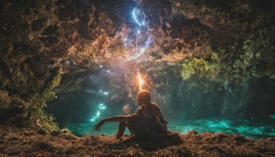 solo,short hair,1boy,sitting,weapon,male focus,outdoors,sky,sword,from behind,tree,night,glowing,plant,star (sky),nature,night sky,scenery,starry sky,rock,fantasy,magic,1girl,water,fire,dark,wide shot,cave