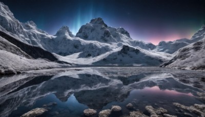 outdoors,sky,water,no humans,night,star (sky),night sky,scenery,snow,starry sky,reflection,rock,mountain,landscape,cliff,aurora,cloud,signature,gradient sky,sunrise