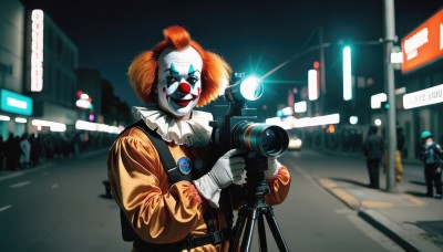 1girl,smile,gloves,long sleeves,1boy,hat,holding,jacket,weapon,male focus,red hair,outdoors,multiple boys,solo focus,white gloves,2boys,holding weapon,orange hair,blurry,uniform,gun,mask,night,blurry background,parody,building,holding gun,rifle,city,red lips,road,facepaint,badge,police,street,police uniform,scope,afro,traffic light,clown,short hair,blue eyes,teeth,bag,grin,makeup,colored skin,backpack,lipstick,pale skin,neck ruff,neon lights