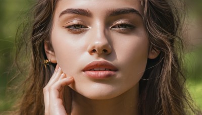 1girl,solo,long hair,looking at viewer,brown hair,brown eyes,jewelry,earrings,parted lips,teeth,hand up,blurry,lips,eyelashes,blurry background,thick eyebrows,portrait,close-up,hand on own face,realistic,nose