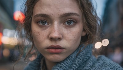 1girl,solo,looking at viewer,brown hair,brown eyes,parted lips,solo focus,scarf,blurry,lips,depth of field,blurry background,portrait,close-up,freckles,realistic,nose,closed mouth,outdoors,eyelashes,expressionless,thick eyebrows,forehead,bokeh