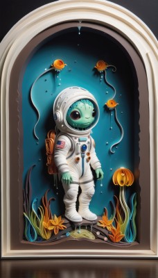 solo,flower,bag,helmet,reflection,fish,science fiction,space,alien,spacesuit,space helmet,astronaut,1girl,moon,tentacles,bubble,underwater,flag,air bubble,planet,shell,octopus,jellyfish