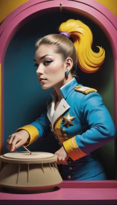 1girl,solo,long hair,looking at viewer,blonde hair,long sleeves,jewelry,ponytail,multicolored hair,earrings,uniform,black eyes,lips,military,military uniform,makeup,buttons,high ponytail,instrument,eyeshadow,epaulettes,nose,eyeliner,hair pulled back,drum,drumsticks,holding,brown eyes,jacket,lipstick,blue jacket,realistic