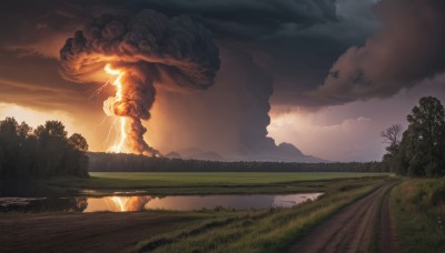 outdoors,sky,cloud,tree,no humans,cloudy sky,grass,nature,scenery,forest,sunset,mountain,electricity,lightning,landscape,water,fire,smoke,reflection,river