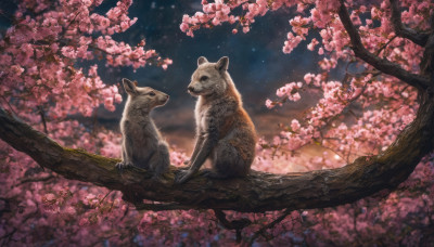 outdoors, sky, blurry, tree, no humans, night, animal, cherry blossoms, star (sky), night sky, starry sky, realistic, branch