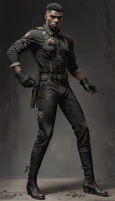 solo,looking at viewer,short hair,shirt,black hair,gloves,1boy,standing,full body,weapon,flower,male focus,boots,black gloves,belt,pants,dark skin,fingerless gloves,black footwear,uniform,gun,military,black shirt,military uniform,facial hair,black pants,dark-skinned male,handgun,realistic,mustache,holster,very short hair,police,police uniform,holding,jacket,holding weapon,black jacket,holding gun,leather,undercut,badge,leather jacket