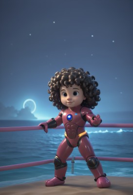 1girl,solo,looking at viewer,smile,brown hair,black hair,brown eyes,standing,full body,outdoors,sky,dark skin,water,armor,black eyes,dark-skinned female,lips,bodysuit,night,ocean,moon,child,star (sky),night sky,starry sky,science fiction,curly hair,crescent moon,big hair,superhero,very dark skin,power armor,afro,robot,messy hair