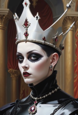 1girl,solo,looking at viewer,short hair,black hair,dress,jewelry,closed mouth,earrings,necklace,blurry,black eyes,lips,grey eyes,eyelashes,makeup,blurry background,turtleneck,crown,lipstick,gem,pale skin,portrait,eyeshadow,high collar,red lips,eyeliner,gold,mascara,red gemstone,black lips,blush,parted lips