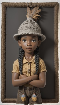 1girl,solo,long hair,looking at viewer,smile,shirt,black hair,hat,brown eyes,closed mouth,braid,short sleeves,cowboy shot,shorts,collared shirt,belt,dark skin,black eyes,twin braids,dark-skinned female,lips,buttons,crossed arms,feathers,child,realistic,female child,hat feather,brown shorts,very dark skin,upper body,hair over shoulder,native american