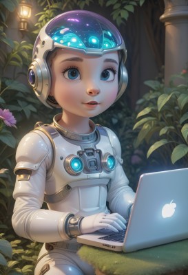 1girl,solo,looking at viewer,smile,short hair,blue eyes,brown hair,black hair,gloves,sitting,closed mouth,flower,white gloves,armor,lips,bodysuit,glowing,leaf,helmet,plant,freckles,science fiction,nose,computer,laptop,spacesuit,parted lips,teeth,child,realistic,bush,male child