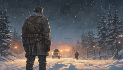 black hair,gloves,long sleeves,1boy,standing,jacket,weapon,male focus,boots,outdoors,multiple boys,sky,black gloves,pants,2boys,from behind,scarf,tree,coat,gun,military,night,facial hair,fire,ground vehicle,night sky,scenery,snow,snowing,winter clothes,facing away,house,winter,lamppost,bare tree,short hair,solo focus,belt,black jacket,black pants,nature,motor vehicle,leather,power lines,winter coat,tent,pine tree