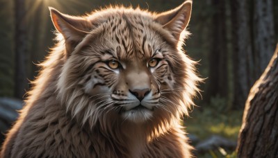 solo,looking at viewer,brown eyes,closed mouth,yellow eyes,outdoors,day,blurry,tree,no humans,depth of field,blurry background,animal,cat,portrait,nature,forest,realistic,animal focus,whiskers,close-up