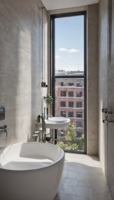 outdoors,sky,day,cloud,indoors,tree,blue sky,no humans,window,plant,building,scenery,door,tiles,potted plant,cityscape,bathroom,stool,bathtub,tile wall,toilet,sink,balcony,faucet,chair,reflection,mirror,wall