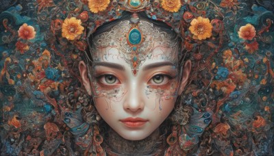 1girl,solo,looking at viewer,black hair,hair ornament,jewelry,closed mouth,green eyes,flower,earrings,hair flower,lips,grey eyes,eyelashes,makeup,facial mark,lipstick,gem,portrait,red lips,straight-on,orange flower,lying,from above,headdress