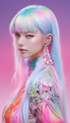 1girl,solo,long hair,breasts,looking at viewer,bangs,simple background,jewelry,closed mouth,blue hair,upper body,pink hair,multicolored hair,earrings,frills,blunt bangs,black eyes,from side,lips,gradient,grey eyes,gradient background,eyelashes,aqua hair,gradient hair,makeup,piercing,pink background,lipstick,ear piercing,eyeshadow,purple background,pink lips,realistic,nose,eyeliner,colorful,rainbow hair,white hair,expressionless,gem,mascara