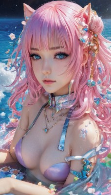 1girl,solo,long hair,breasts,looking at viewer,bangs,blue eyes,hair ornament,animal ears,cleavage,bare shoulders,jewelry,medium breasts,closed mouth,collarbone,swimsuit,upper body,pink hair,flower,bikini,earrings,choker,artist name,cat ears,hair flower,water,necklace,hair bun,lips,wet,animal ear fluff,eyelashes,makeup,gem,star (sky),armlet,partially submerged,nose,purple bikini,outdoors,sky,petals,night,night sky,starry sky,freckles,pink lips,realistic,mascara