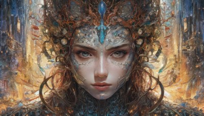 1girl,solo,long hair,looking at viewer,blue eyes,brown hair,closed mouth,parted lips,solo focus,lips,grey eyes,eyelashes,headgear,helmet,portrait,close-up,science fiction,realistic,fantasy,blonde hair,orange hair,makeup,expressionless,building,light particles,serious,headpiece,straight-on