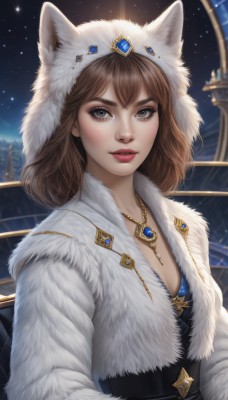 1girl,solo,breasts,looking at viewer,smile,bangs,brown hair,animal ears,cleavage,brown eyes,jewelry,upper body,small breasts,outdoors,parted lips,sky,teeth,artist name,signature,hood,medium hair,necklace,lips,coat,grey eyes,fur trim,eyelashes,makeup,night,gem,star (sky),night sky,pendant,starry sky,animal hood,realistic,nose,railing,white coat,red lips,short hair,hat,lipstick,eyeshadow