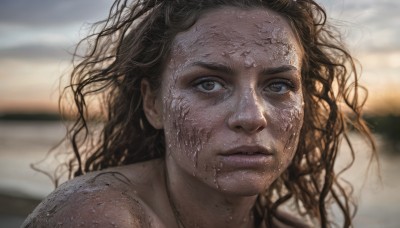 1girl,solo,long hair,looking at viewer,brown hair,black hair,brown eyes,closed mouth,outdoors,parted lips,dark skin,blurry,dark-skinned female,lips,wet,blurry background,wavy hair,messy hair,portrait,freckles,curly hair,realistic,nose,wet hair,dirty,1boy,male focus,sky,floating hair,depth of field,wind,close-up