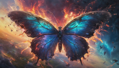 outdoors, wings, sky, cloud, no humans, cloudy sky, bug, fire, butterfly, flying, butterfly wings