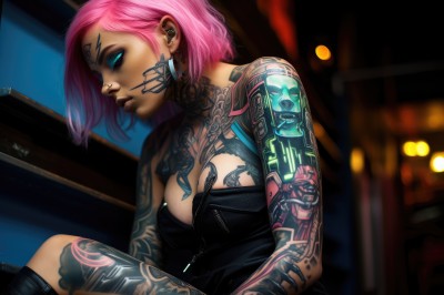 1girl,solo,breasts,looking at viewer,short hair,blue eyes,large breasts,cleavage,bare shoulders,jewelry,medium breasts,sitting,pink hair,earrings,blurry,lips,strapless,tattoo,makeup,blurry background,glowing,piercing,ear piercing,eyeshadow,science fiction,realistic,nose,eyeliner,arm tattoo,facial tattoo,cyborg,cyberpunk,neck tattoo,dress,black dress,eyelashes,night,facial mark,glowing eyes,facepaint,mascara,breast tattoo,eyebrow piercing