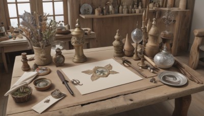 indoors,cup,book,no humans,window,chair,table,sunlight,bottle,knife,plant,scenery,desk,plate,wooden floor,paper,spoon,clock,potted plant,paintbrush,scroll,scissors,shelf,vase,still life,flower pot,globe,wooden table,hourglass,day,fantasy,jar,drawer