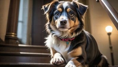 HQ,solo,brown eyes,indoors,blurry,collar,no humans,depth of field,blurry background,animal,dog,realistic,animal focus,red collar,animal collar,looking at viewer,claws,lamp