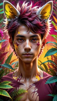 solo,looking at viewer,short hair,shirt,red eyes,1boy,animal ears,brown eyes,closed mouth,collarbone,upper body,pink hair,purple hair,male focus,outdoors,artist name,blurry,lips,orange eyes,torn clothes,fox ears,leaf,facial mark,thick eyebrows,pectorals,plant,portrait,nose,torn shirt,fox boy,watermark,scar,bug,web address,extra ears,realistic