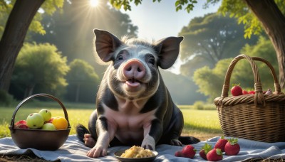 HQ,solo,looking at viewer,blue eyes,sitting,outdoors,food,sky,day,signature,blurry,tree,pokemon (creature),no humans,fruit,animal,watermark,sunlight,grass,nature,forest,realistic,apple,blanket,sun,basket,animal focus,grapes,picnic basket,picnic,open mouth,teeth,blurry background,bowl,strawberry,mouse