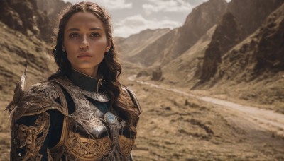 1girl,solo,long hair,looking at viewer,brown hair,brown eyes,jewelry,closed mouth,upper body,outdoors,sky,day,cloud,armor,lips,cloudy sky,shoulder armor,pauldrons,breastplate,mountain,realistic,fantasy,chainmail,sunlight,knight,desert