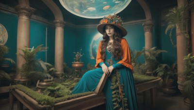 1girl,solo,long hair,looking at viewer,blue eyes,skirt,brown hair,long sleeves,hat,dress,holding,jewelry,sitting,flower,barefoot,indoors,water,lips,blue skirt,makeup,plant,lipstick,scenery,hand fan,hair over shoulder,fish,long skirt,hat flower,red lips,potted plant,planet,pillar,orange flower,brown eyes,closed mouth,necklace,book,blue dress,moon,vines,overgrown,garden