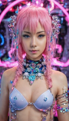 1girl,solo,long hair,breasts,looking at viewer,blue eyes,hair ornament,cleavage,jewelry,medium breasts,swimsuit,upper body,pink hair,bikini,small breasts,choker,necklace,mole,lips,tattoo,makeup,drill hair,gem,bikini top only,armlet,mole on breast,realistic,bangs,bare shoulders,underwear,braid,parted lips,artist name,bra,blurry,collar,eyelashes,crystal