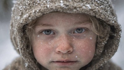 solo,looking at viewer,blue eyes,blonde hair,1boy,hat,closed mouth,male focus,hood,mole,blurry,lips,grey eyes,portrait,snow,close-up,hood up,freckles,snowing,realistic,1girl,fur trim,eyelashes,looking up,nose,winter