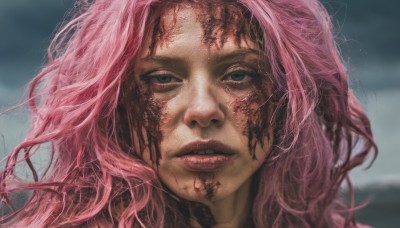 1girl,solo,long hair,looking at viewer,pink hair,parted lips,teeth,blurry,black eyes,lips,grey eyes,blood,depth of field,blurry background,wavy hair,scar,messy hair,portrait,close-up,blood on face,realistic,nose,straight-on,outdoors,sky,cloud,cloudy sky,horror (theme)