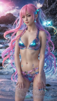 1girl,solo,long hair,breasts,looking at viewer,bangs,blue eyes,hair ornament,navel,cleavage,jewelry,medium breasts,very long hair,closed mouth,blue hair,standing,collarbone,swimsuit,pink hair,bikini,multicolored hair,cowboy shot,earrings,outdoors,sky,cloud,water,stomach,nail polish,two-tone hair,lips,ocean,one side up,watermark,beach,blue bikini,wading,blue nails,realistic,waves,belt,artist name,pink eyes,gradient hair,web address,multicolored clothes,rock,multicolored bikini