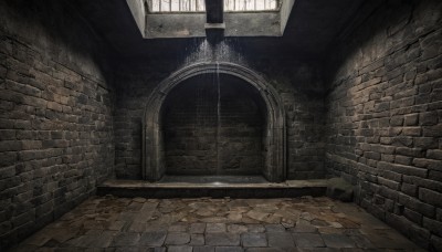 indoors,water,dutch angle,no humans,window,sunlight,scenery,stairs,door,light,wall,brick wall,arch,stone floor,stone wall,brick,brick floor,day,plant,light rays,fantasy,architecture,ruins,pillar,column