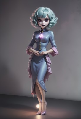 1girl,solo,breasts,looking at viewer,smile,short hair,long sleeves,dress,medium breasts,blue hair,standing,purple eyes,full body,pantyhose,small breasts,frills,green hair,shoes,high heels,lips,aqua hair,makeup,blue dress,glowing,lipstick,gem,corset,eyeshadow,curly hair,purple lips,spotlight,skirt,jewelry,pink eyes