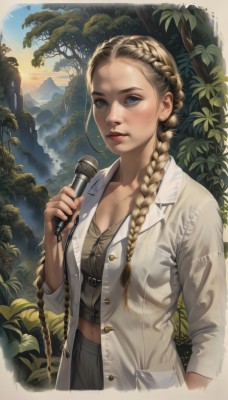 1girl,solo,long hair,breasts,looking at viewer,blush,blue eyes,blonde hair,shirt,navel,holding,cleavage,jewelry,medium breasts,upper body,braid,outdoors,parted lips,midriff,necklace,tree,lips,coat,buttons,plant,nature,microphone,forest,freckles,mountain,realistic,nose,holding microphone,long sleeves,very long hair,closed mouth,collarbone,jacket,open clothes,sky,artist name,mole,twin braids,open jacket,leaf,sunlight,hair over shoulder,white coat