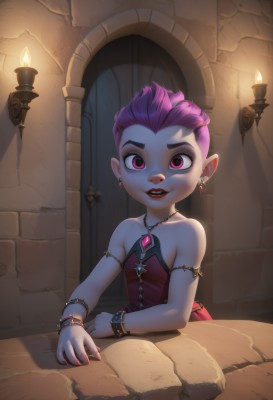 1girl,solo,looking at viewer,smile,short hair,open mouth,dress,bare shoulders,jewelry,purple eyes,collarbone,upper body,pink hair,purple hair,earrings,parted lips,teeth,pointy ears,artist name,indoors,pink eyes,necklace,nail polish,flat chest,bracelet,fingernails,book,strapless,makeup,piercing,red dress,table,lipstick,gem,ear piercing,strapless dress,red nails,pink nails,armlet,eyeshadow,red lips,candle,wall,candlelight,breasts,lips,thick eyebrows,armband