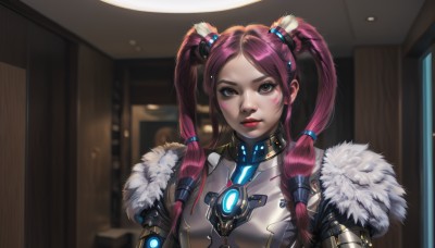 1girl,solo,long hair,looking at viewer,bangs,hair ornament,twintails,brown eyes,closed mouth,upper body,pink hair,purple hair,sidelocks,indoors,armor,blurry,lips,fur trim,makeup,blurry background,facial mark,hair tubes,lipstick,fur collar,nose,red lips,eyeliner,facepaint,jacket,red hair,parted lips,parted bangs,window,bodysuit,hair tie,dirty,dirty face