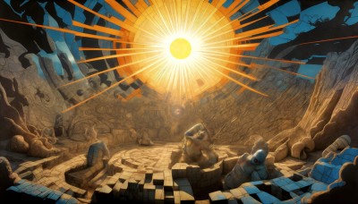 HQ,lying,no humans,glowing,scenery,light rays,rock,sun,statue,rubble,weapon,sunlight,robot,science fiction,desert