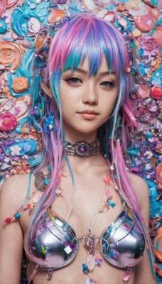 1girl,solo,long hair,breasts,looking at viewer,bangs,jewelry,medium breasts,blue hair,swimsuit,upper body,pink hair,flower,bikini,multicolored hair,choker,black eyes,two-tone hair,lips,grey eyes,aqua hair,gem,bikini top only,freckles,realistic,bare shoulders,closed mouth,purple hair,lying,artist name,on back,water,nail polish,petals,eyelashes,gradient hair,watermark,cable