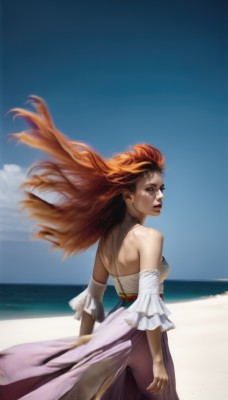 1girl,solo,long hair,breasts,looking at viewer,skirt,dress,bare shoulders,brown eyes,jewelry,medium breasts,standing,red hair,multicolored hair,cowboy shot,outdoors,parted lips,detached sleeves,sky,day,looking back,cloud,water,from behind,orange hair,blue sky,lips,strapless,makeup,floating hair,ocean,back,beach,lipstick,wind,long skirt,sarashi,realistic,nose,sand,red lips,wind lift,bare back,blue eyes,teeth,freckles,horizon