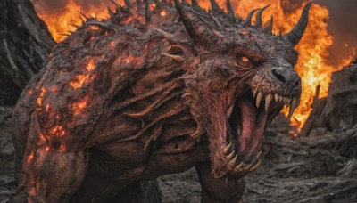 solo,open mouth,outdoors,horns,teeth,orange eyes,no humans,glowing,fangs,fire,sharp teeth,glowing eyes,spikes,monster,rock,dragon,scales,breathing fire,molten rock,kaijuu,tongue