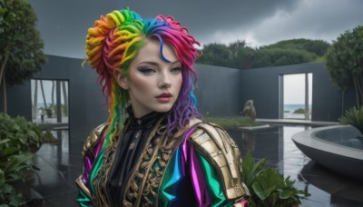 1girl,solo,long hair,looking at viewer,blue eyes,shirt,hair ornament,blue hair,upper body,pink hair,purple hair,red hair,multicolored hair,outdoors,parted lips,green hair,sky,puffy sleeves,cloud,water,armor,two-tone hair,tree,lips,black shirt,eyelashes,gradient hair,makeup,cloudy sky,plant,lipstick,multicolored clothes,eyeshadow,pink lips,nose,red lips,eyeliner,statue,mascara,rainbow hair,blonde hair,braid,flower,orange hair,bird,leaf,realistic