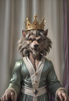 solo,looking at viewer,open mouth,long sleeves,1boy,animal ears,standing,yellow eyes,male focus,teeth,signature,fingernails,sash,fur trim,fangs,crown,sharp teeth,curtains,gem,claws,furry,colored sclera,robe,sharp fingernails,furry male,werewolf,shirt,sitting,upper body,nail polish,slit pupils,straight-on,throne,brown fur,blue gemstone