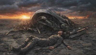 solo,black hair,1boy,closed eyes,weapon,male focus,boots,outdoors,lying,sky,pants,cloud,military,cloudy sky,robot,mecha,smoke,science fiction,sunset,realistic,aircraft,airplane,ruins,dirty,broken,damaged,death,spacecraft,unconscious,war,jacket,on back,fire,ground vehicle,motor vehicle,motorcycle