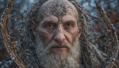 solo,looking at viewer,1boy,closed mouth,white hair,grey hair,male focus,signature,blurry,grey eyes,blurry background,facial hair,gem,portrait,beard,realistic,mustache,old,old man,wrinkled skin,jewelry,earrings,water,black eyes,lips,depth of field,branch