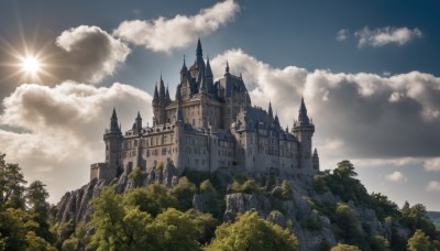 outdoors,sky,day,cloud,tree,blue sky,no humans,sunlight,cloudy sky,building,nature,scenery,forest,mountain,fantasy,sun,architecture,castle,tower,landscape,cliff,light rays,sunbeam