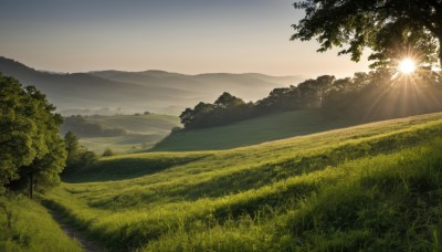 outdoors,sky,day,cloud,tree,no humans,sunlight,grass,nature,scenery,forest,sunset,mountain,sun,field,river,landscape,mountainous horizon,hill,light rays,sunrise